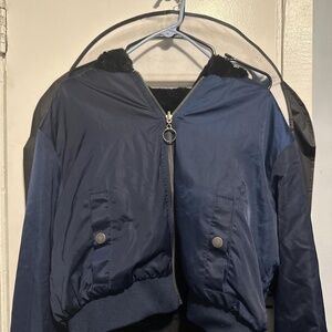 Navy Blue and Black Cropped Reversible Faux Fur Jacket